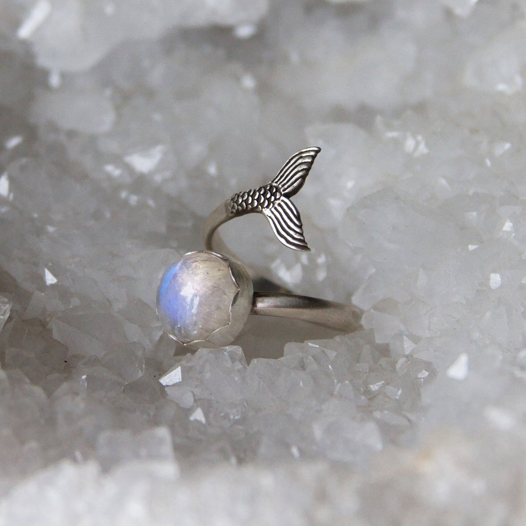 Moonstone Mermaid Tail Adjustable Sterling Silver Ring