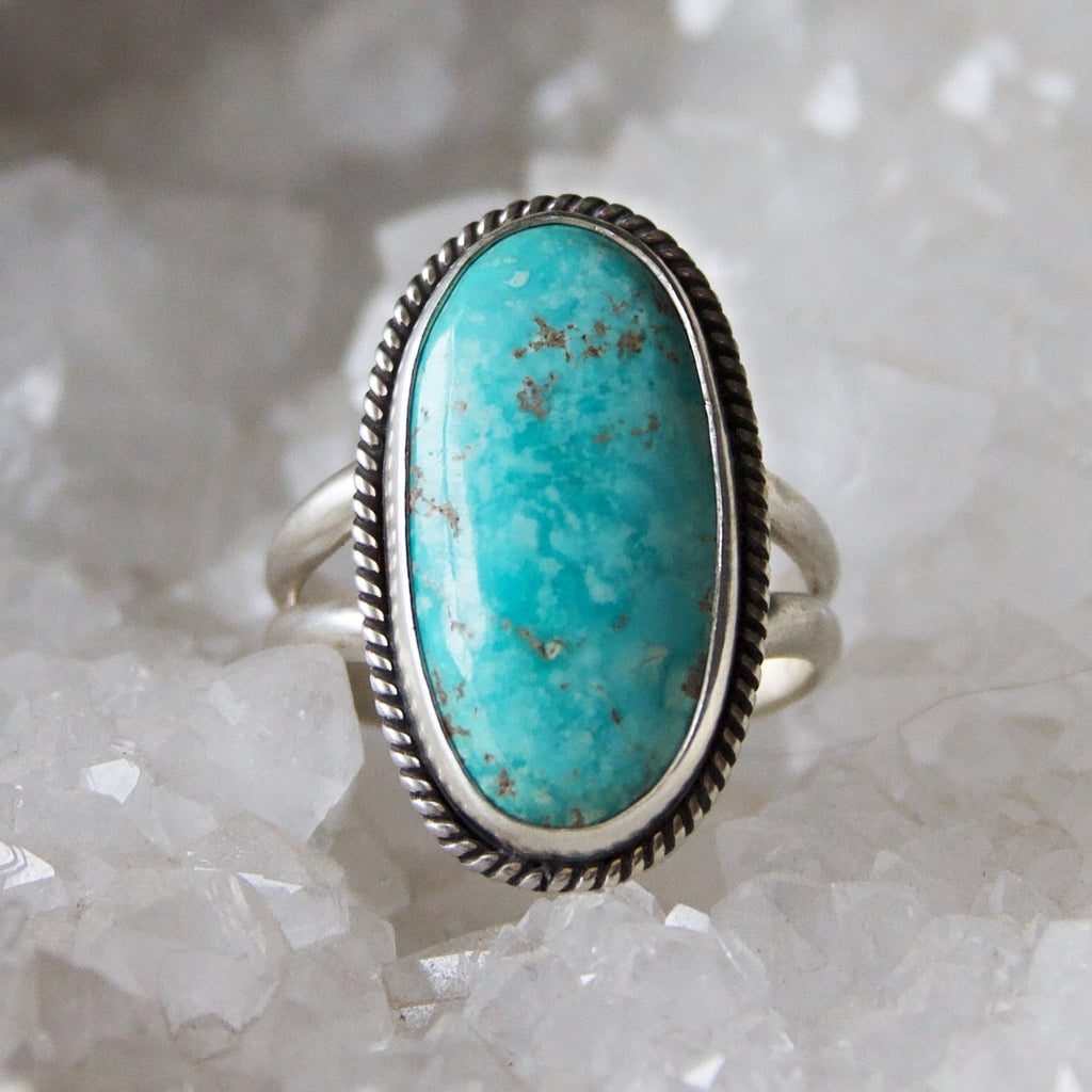 Oval Turquoise Double Band Sterling Silver Ring 8.5