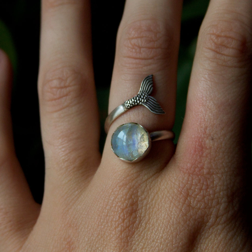 Moonstone Mermaid Tail Adjustable Sterling Silver Ring