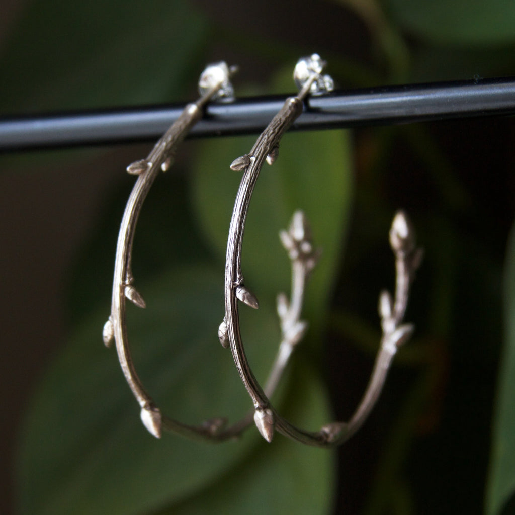 Budding Branch Sterling Silver Hoop Earrings