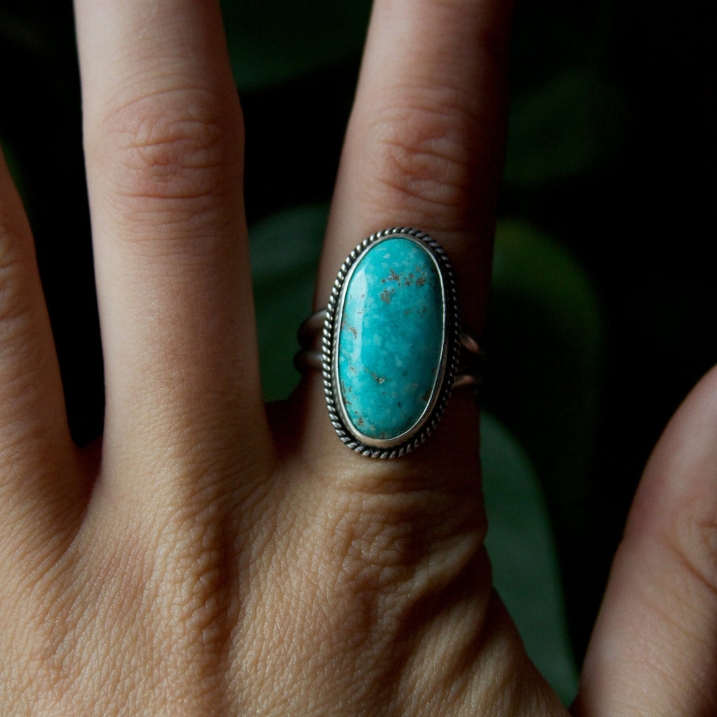 Oval Turquoise Double Band Sterling Silver Ring 8.5