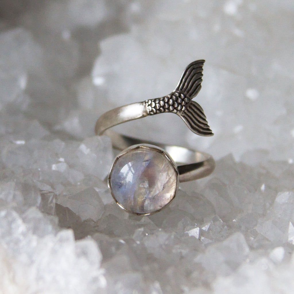 Moonstone Mermaid Tail Adjustable Sterling Silver Ring