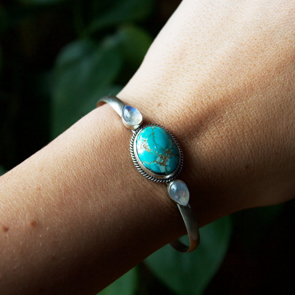 Carico Lake Turquoise and Moonstone Teardrop Sterling Silver Cuff