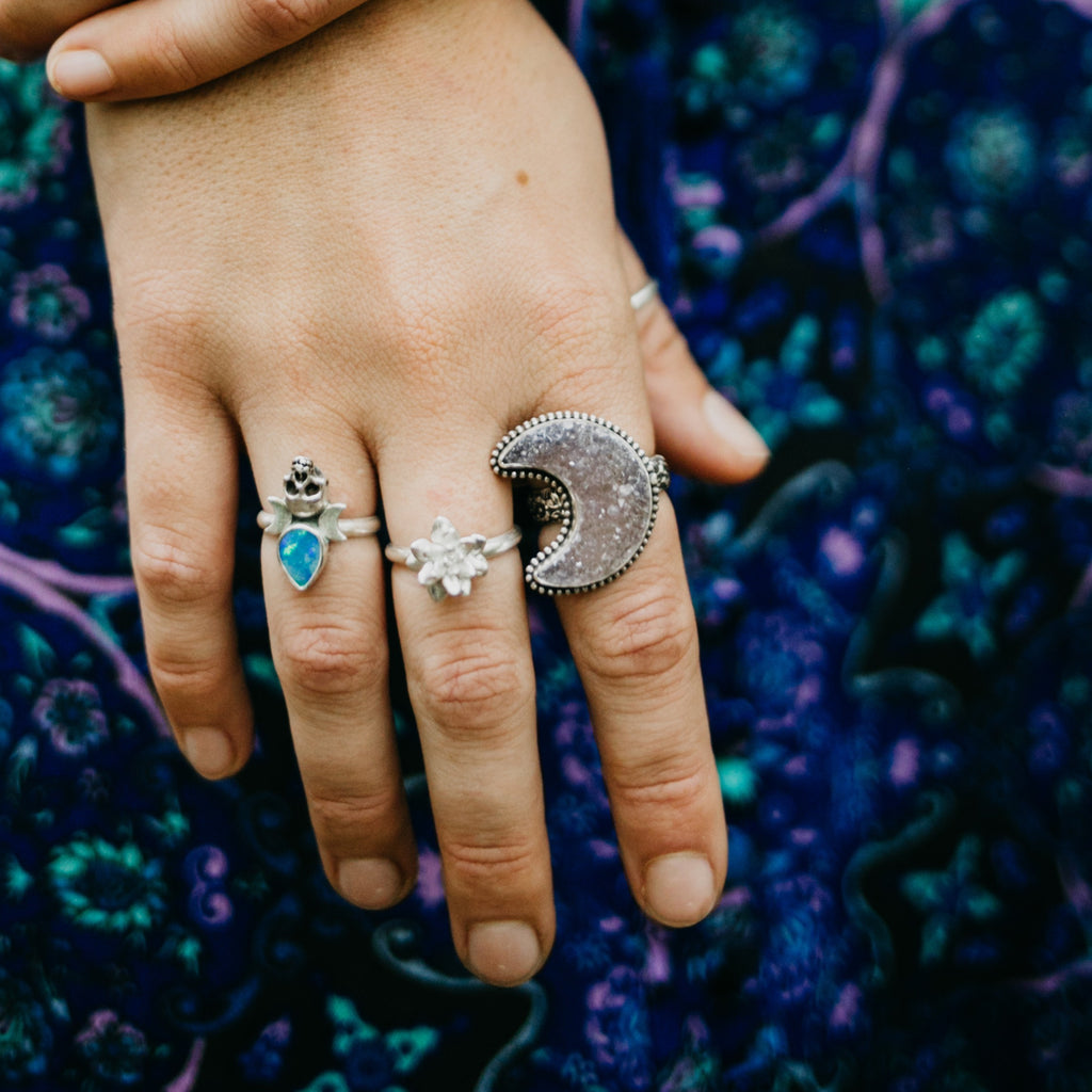 Amethyst Druzy Crescent Moon Sterling Silver Ring