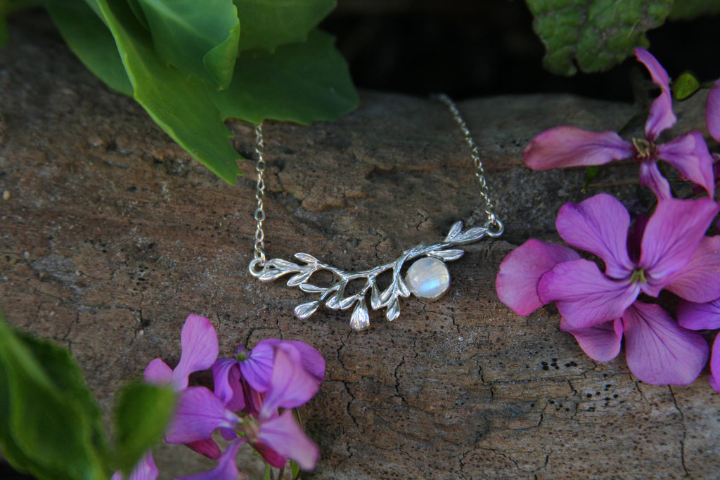 Moonstone Leaf Branch Sterling Silver Necklace