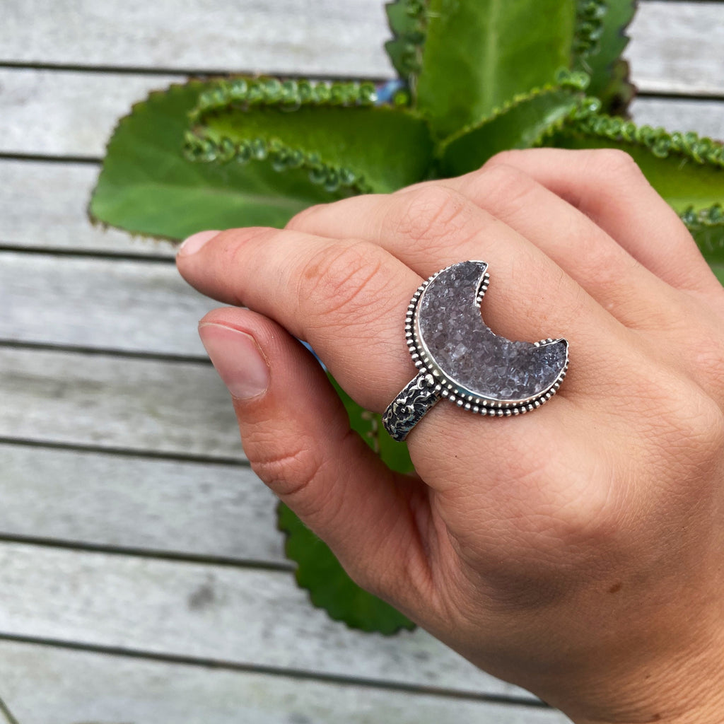 Amethyst Druzy Crescent Moon Sterling Silver Ring