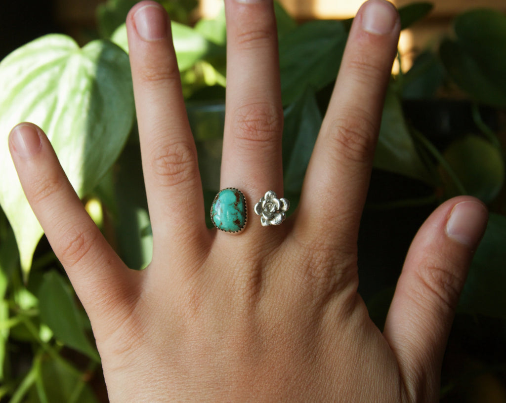 Royston Turquoise and Flower Sterling Silver Adjustable Ring 7/8