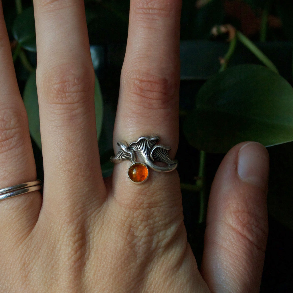 Amber Chanterelle Mushroom Sterling Silver Ring 8