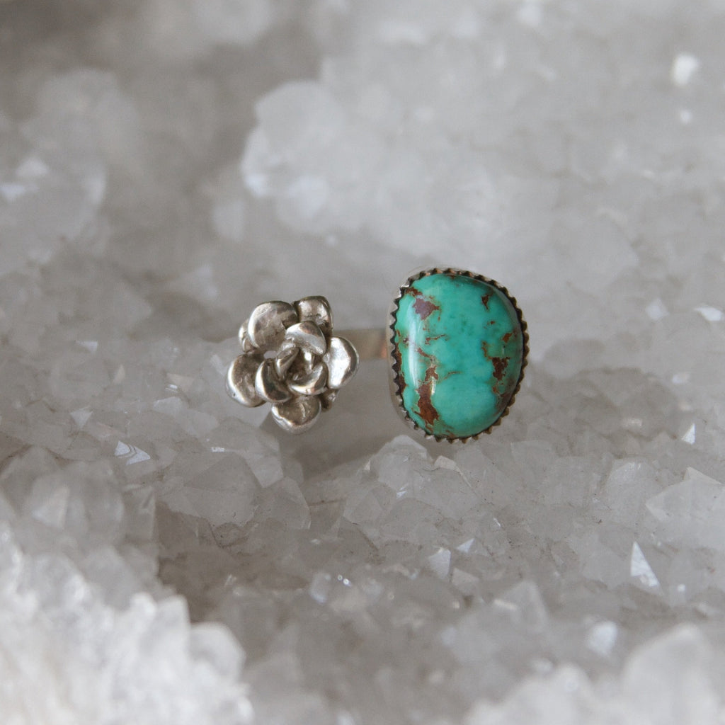 Royston Turquoise and Flower Sterling Silver Adjustable Ring 7/8