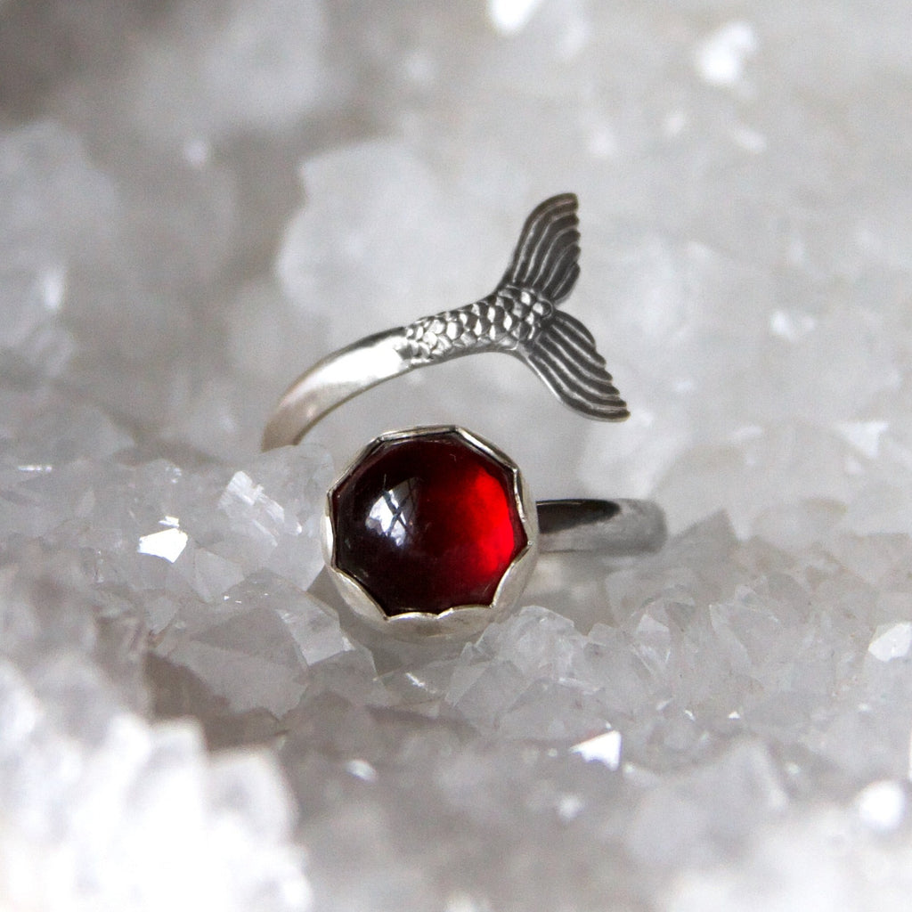 Blood Moon Garnet Mermaid Tail Adjustable Sterling Silver Ring