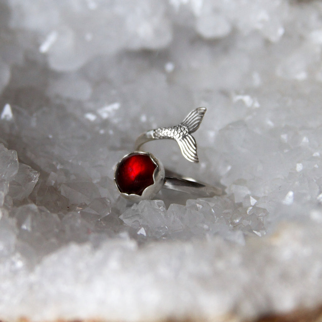 Blood Moon Garnet Mermaid Tail Adjustable Sterling Silver Ring