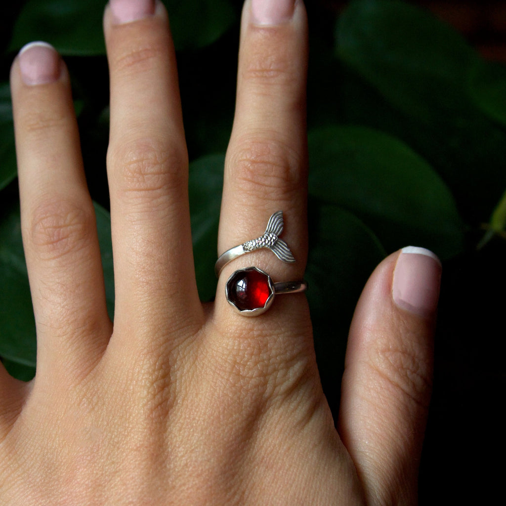 Blood Moon Garnet Mermaid Tail Adjustable Sterling Silver Ring