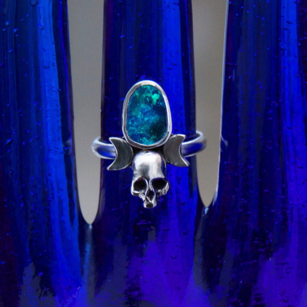 Opal Teardrop Skull Sterling Silver Ring