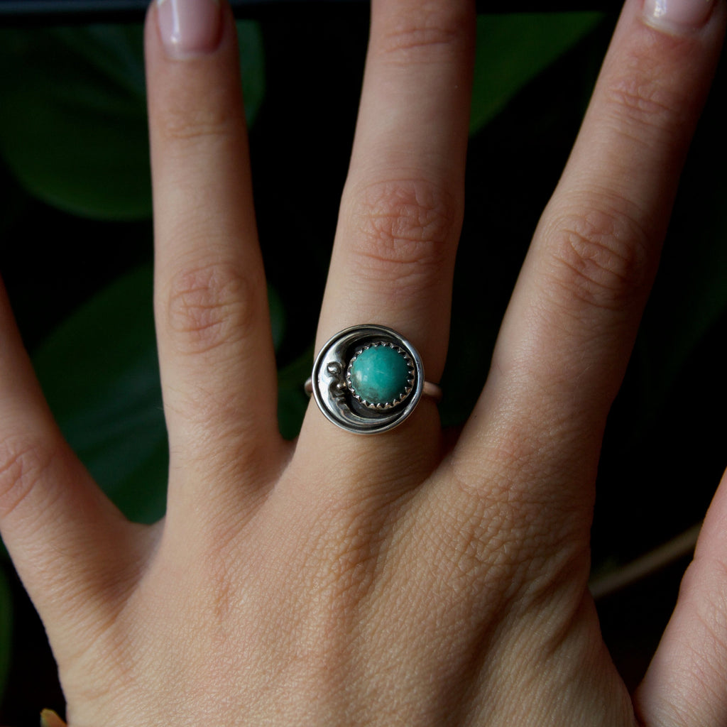 Turquoise Crescent Moon Sterling Silver Ring