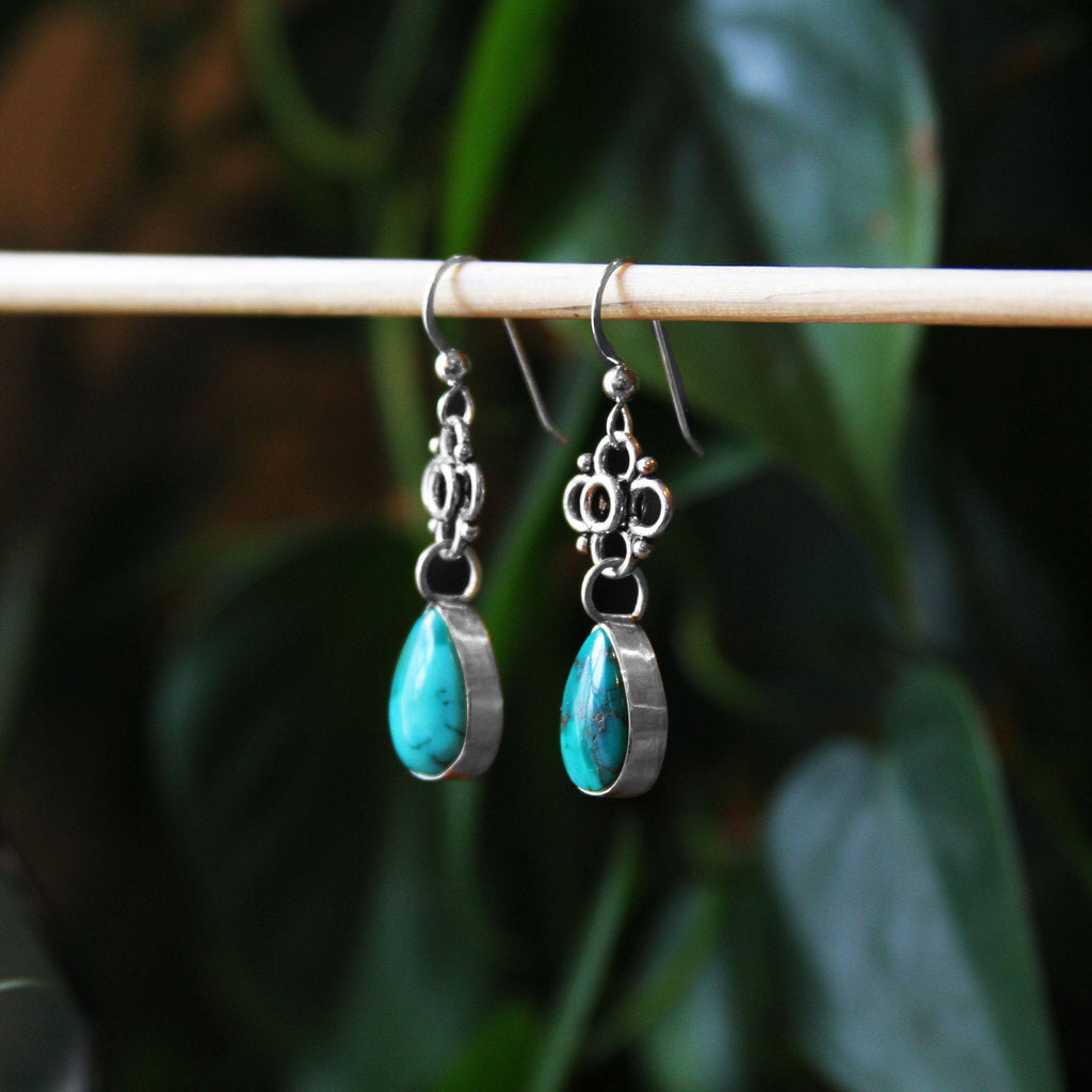 Turquoise Teardrop Flower Tile Sterling Silver Earrings