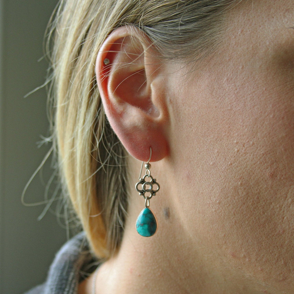 Turquoise Teardrop Flower Tile Sterling Silver Earrings