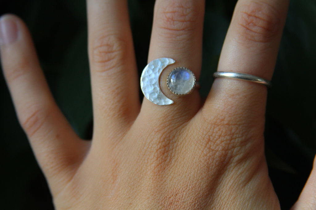 Moonstone Crescent Moon Adjustable Sterling Silver Ring