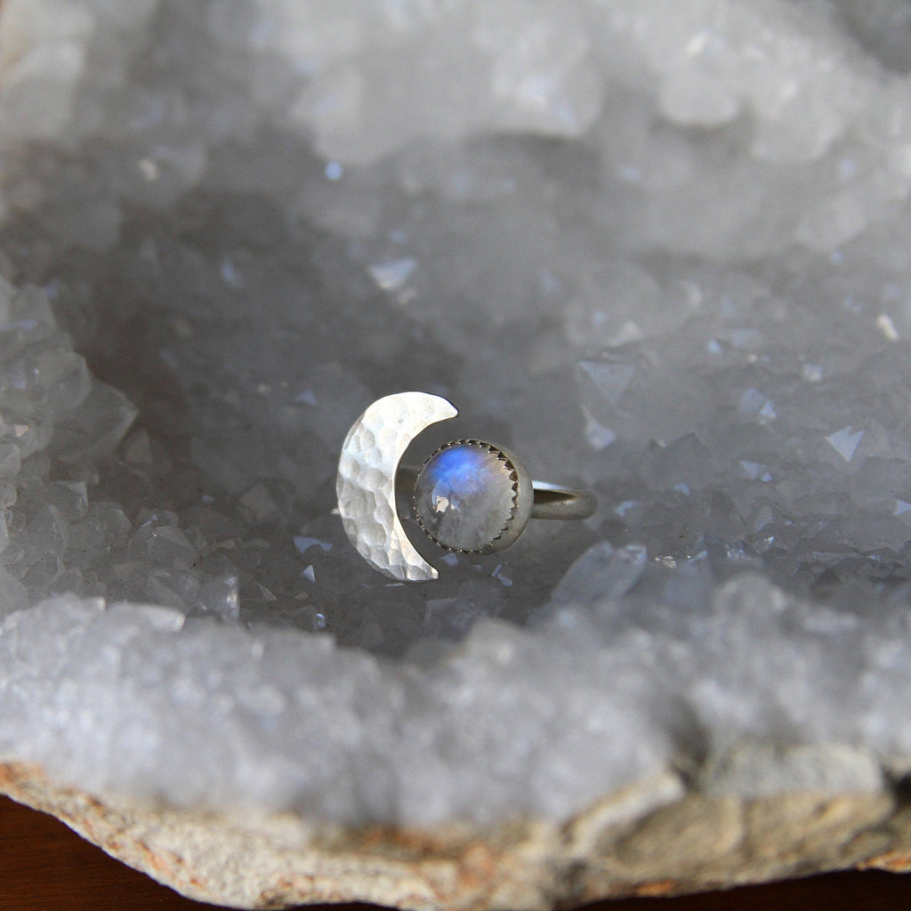 Moonstone Crescent Moon Adjustable Sterling Silver Ring