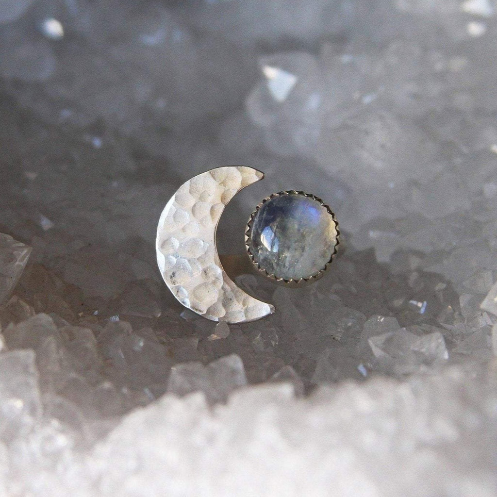 Moonstone Crescent Moon Adjustable Sterling Silver Ring