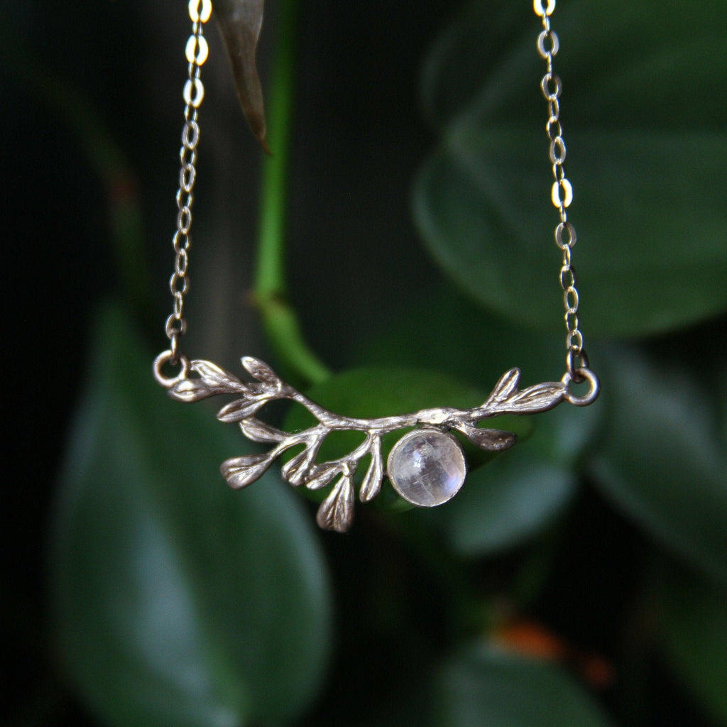 Moonstone Leaf Branch Sterling Silver Necklace